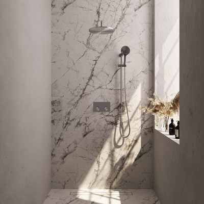 BRAUER Brushed Carving Thermostatische Regendouche inbouw - drukknoppen - SET 70 - 30cm hoofddouche - gebogen muurarm - 3 standen handdouche - doucheslang - geïntegreerde glijstang - RVS geborsteld PVD