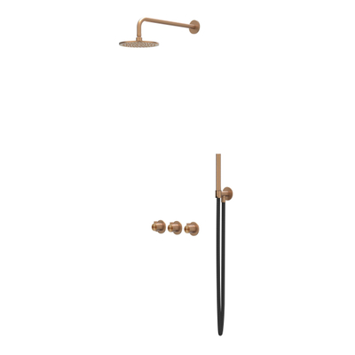 IVY Tribe Regendoucheset - inbouw - symmetry - 2 stopkranen - 30cm plafondbuis - 30cm medium hoofddouche - glijstang met uitlaat - 150cm doucheslang - staafmodel handdouche - RVS316 - geborsteld mat koper PVD