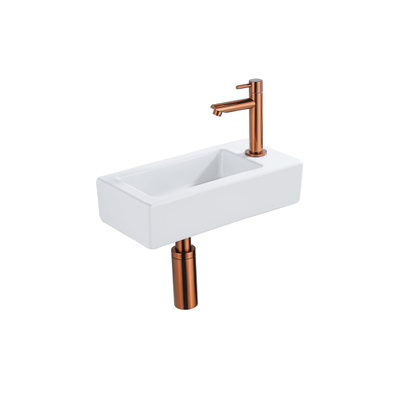 QeramiQ Fuente Fonteinset - 37.5x18.5x9cm - keramiek - kraangat rechts - fonteinkraan geborsteld koper - afvoerplug - verlaagd sifon - Glans wit