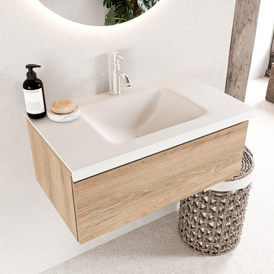 Mondiaz BUKLA Badkamermeubelset - 80x45x34cm - 1 kraangat - wasbak midden - solid surface - Talc - greeploos - 1 lade - Melamine - Washed Oak