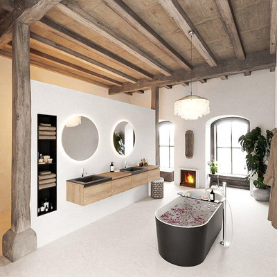 MONDIAZ BUKLA 240cm badmeubel met module 60 rechts kleur Washed Oak met 4 lades. Wastafel CLOUD dubbel 2 kraangaten kleur Urban.