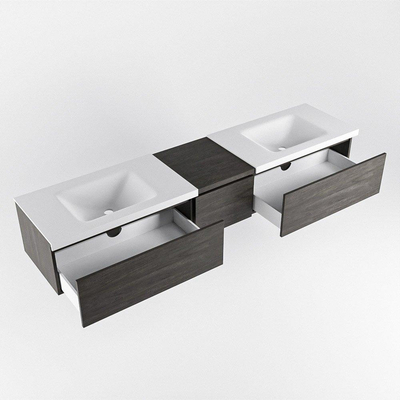 MONDIAZ BUKLA 200cm badmeubel met module 40 kleur Dark Brown met 3 lades. Wastafel CLOUD dubbel 0 kraangaten kleur Talc.