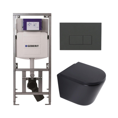 QeramiQ Dely Toiletset - 36.3x51.7cm - diepspoel - rimless - Geberit UP320 inbouwreservoir - softclose toilet zitting 35 mm - bedieningsplaat antraciet mat - rechthoekige knoppen - mat zwart