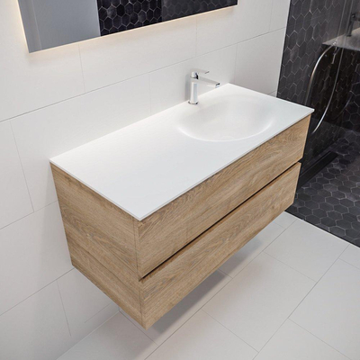 MONDIAZ VICA Badkamermeubelset - 100cm - 2 lades - wasbak Moon rechts - 1 kraangat - solid surface washed oak