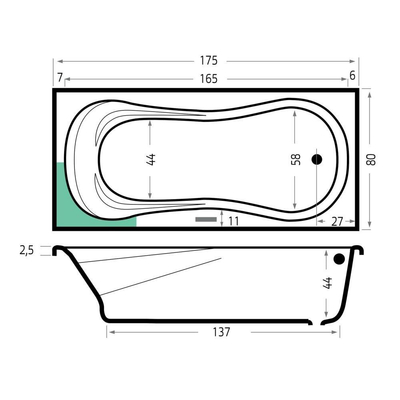 Xenz Curaçao ligbad - 175x80cm - met overloop - zonder afvoer - Acryl Wit