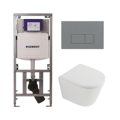 QeramiQ Dely Toiletset - 36.3x51.7cm - diepspoel - rimless - Geberit UP320 inbouwreservoir - softclose toilet zitting 35 mm - bedieningsplaat licht grijs - rechthoekige knoppen - mat wit