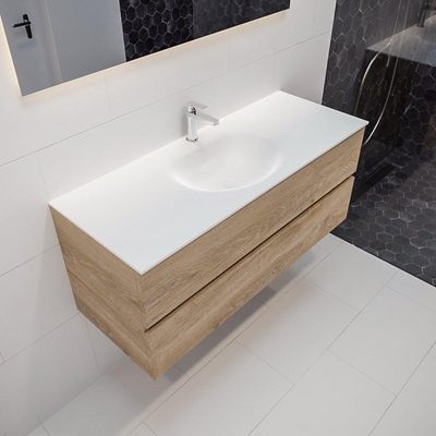 MONDIAZ VICA Badkamermeubelset - 120cm - 2 lades - wasbak Moon midden - 1 kraangat - solid surface washed oak