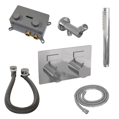 BRAUER Chrome Edition thermostatische inbouw badkraan - drukknoppen SET 03 - badvulcombinatie - staaf handdouche - doucheslang - wandaansluitbocht - chroom