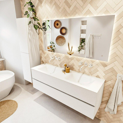 MONDIAZ VICA 150cm badmeubel onderkast Talc 2 lades. Wastafel CLOUD dubbel zonder kraangat, kleur Talc.