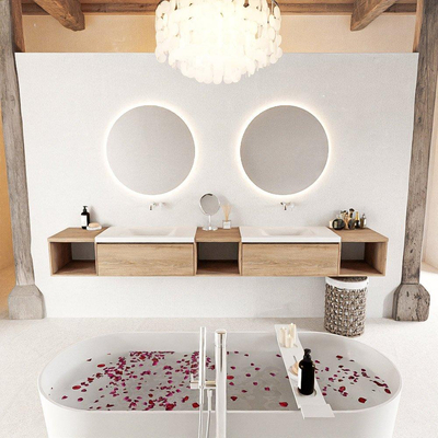 MONDIAZ BUKLA 280cm badmeubel met open module 40 L+M+R kleur Washed Oak met 2 lades. Wastafel CLOUD dubbel 0 kraangaten kleur Talc.