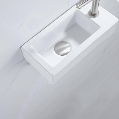 QeramiQ Fuente Fonteinset - 37.5x18.5x9cm - keramiek - kraangat rechts - fonteinkraan geborsteld RVS - afvoerplug - verlaagd sifon - Glans wit