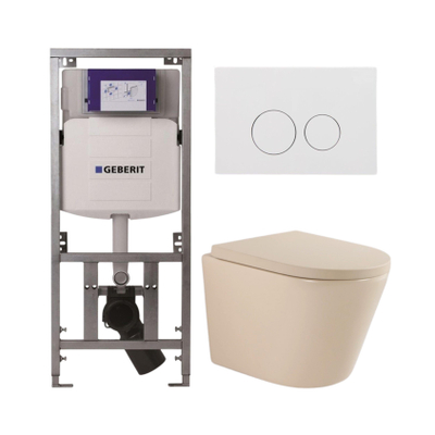 QeramiQ Dely Toiletset - 36.3x51.7cm - diepspoel - rimless - Geberit UP320 inbouwreservoir - softclose toilet zitting 35 mm - glans witte bedieningsplaat - ronde knoppen - mat beige