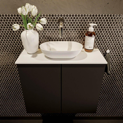 Mondiaz Fowy Toiletmeubel - 60x50x23cm - urban mat - 0 kraangaten - wasbak midden - 2 deuren - solid surface - blad MDF - wasbak: wit