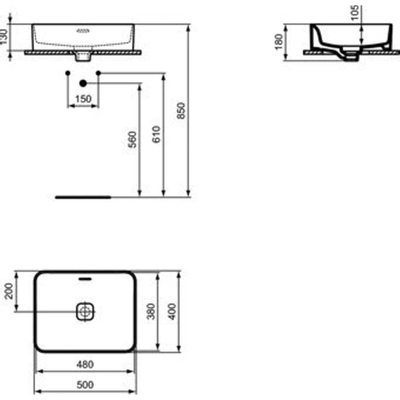 Ideal Standard Strada II opbouwwastafel m. geglazuurde achterwand zonder kraangat met overloop 50x40cm wit