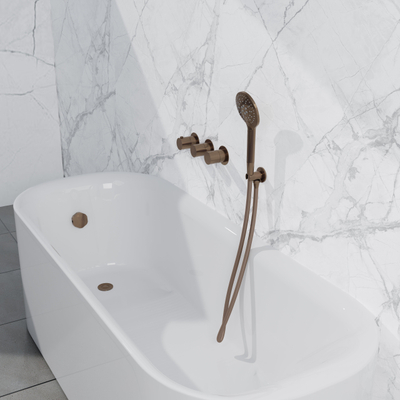 Fortifura Nebbio Badcombinatie-set - thermostaatkraan - inbouwdeel - inbouw uitbreiding - wandaansluitbocht - gladde doucheslang - ronde handdouche - badafvoer opbouw - geborsteld koper PVD (koper)