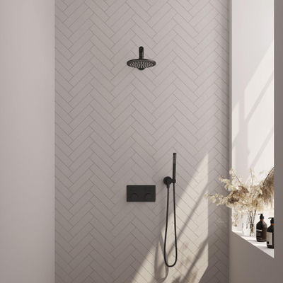 BRAUER Black Carving Thermostatische Regendouche inbouw - drukknoppen - SET 49 - 20cm hoofddouche - rechte muurarm - staaf handdouche - doucheslang - wandaansluitbocht - zwart mat