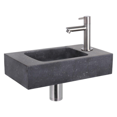 Differnz Force fonteinset - 40x22x9cm - Rechthoek - 1 kraangat - Recht matte chromen kraan - Natuursteen Zwart