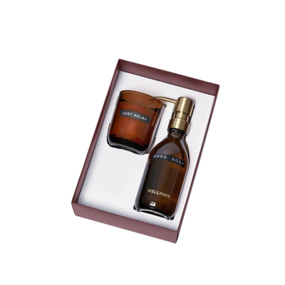 Wellmark Discover giftset - handzeep en geurkaars - bamboo - bruin glas