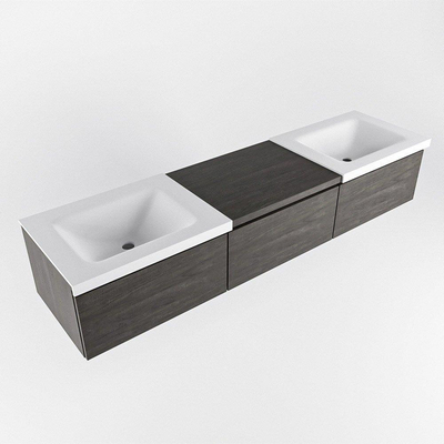 MONDIAZ BUKLA 180cm badmeubel met module 60 kleur Dark Brown met 3 lades. Wastafel CLOUD dubbel 0 kraangaten kleur Talc.