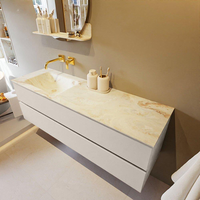 MONDIAZ VICA-DLUX Badkamermeubelset - 150cm - onderkast linen- 2 lades - inbouw wastafel cloud links - zonder kraangaten - 60cm hoge versie - frape