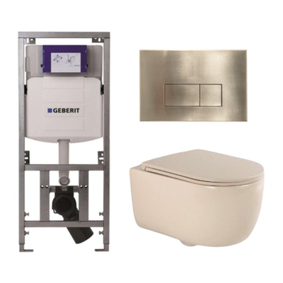 QeramiQ Dely Swirl Toiletset - 36.3x51.7cm - Geberit UP320 Burda inbouwreservoir - slim zitting - geborsteld messing bedieningsplaat - rechthoekige knoppen - beige