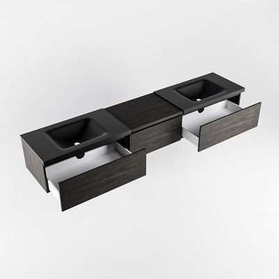 MONDIAZ BUKLA 220cm badmeubel met module 60 kleur Dark Brown met 3 lades. Wastafel CLOUD dubbel 2 kraangaten kleur Urban.