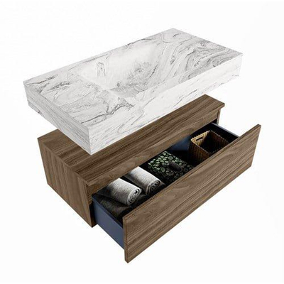 Mondiaz ALAN-DLUX Badkamermeubelset - 90cm - 1 lade - vrijhangende wastafel CLOUD - Glace - midden - zonder kraangat - Mocha