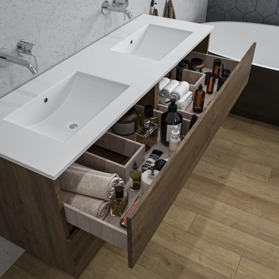 Adema Chaci Badkameronderkast - 140cm - 4 lades - greeploos - wit keramieke wastafel - overloop - 2 wasbakken - zonder kraangaten - noten