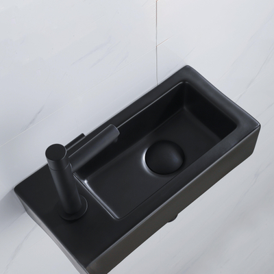 QeramiQ Fuente Fonteinset - 37.5x18.5x9cm - keramiek - kraangat links - fonteinkraan zwart mat - afvoerplug - verlaagd sifon - Mat Zwart