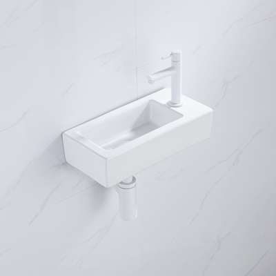 QeramiQ Fuente Fonteinset - 37.5x18.5x9cm - keramiek - kraangat rechts - fonteinkraan mat wit - afvoerplug - verlaagd sifon - Glans wit