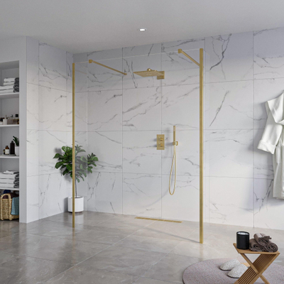 FugaFlow Eccelente Vetro Vrijstaande inloopdouche badkamer - 160x200cm - Helder - antikalk - 8mm veiligheidsglas - 2 zijwanden 40cm - met wandarmen en hoekprofielen - Messing geborsteld (goud) -