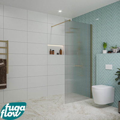 FugaFlow Eccelente Vetro inloopdouche badkamer - 90x200cm - ribbelglas - wandarm - geborsteld messing -