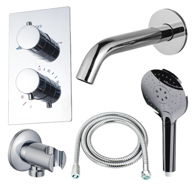 Fortifura Calvi Badkraan set - uitloop - 22cm inkortbaar - metalen slang - ronde handdouche - inbouwdeel - wandhouder - chroom