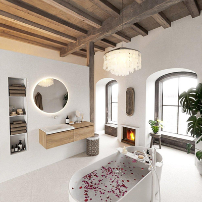 MONDIAZ BUKLA 120cm badmeubel met module 60 kleur Washed Oak met 2 lades. Wastafel CLOUD links 0 kraangaten kleur Talc.