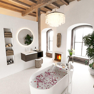 MONDIAZ BUKLA 100cm badmeubel met open module 40 kleur Dark Brown met 1 lade. Wastafel CLOUD links 1 kraangat kleur Talc.