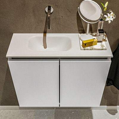 MONDIAZ TURE Fonteinset - 60x23x50cm - 0 kraangaten - 2 deuren - talc mat - Wasbak links - Solid Surface Wit