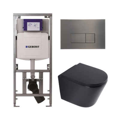 QeramiQ Dely Toiletset - 36.3x51.7cm - diepspoel - rimless - Geberit UP320 inbouwreservoir - softclose toilet zitting 35 mm - gunmetal bedieningsplaat - rechthoekige knoppen - mat zwart