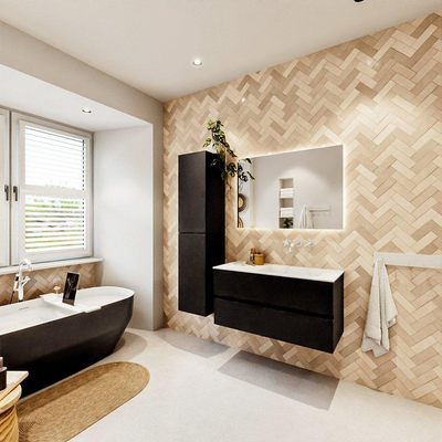 MONDIAZ VICA 100cm badmeubel onderkast Urban 2 lades. Wastafel CLOUD rechts zonder kraangat, kleur Talc.