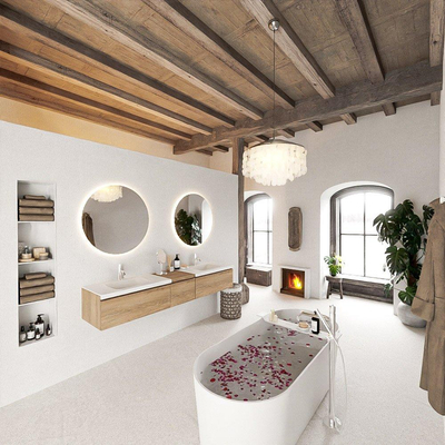 MONDIAZ BUKLA 200cm badmeubel met module 40 kleur Washed Oak met 3 lades. Wastafel CLOUD dubbel 2 kraangaten kleur Talc.