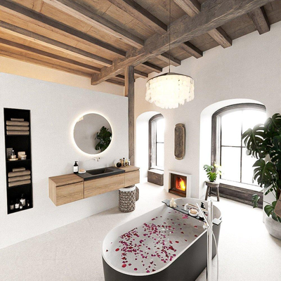 MONDIAZ BUKLA 160cm badmeubel met module 40 kleur Washed Oak met 3 lades. Wastafel CLOUD midden 0 kraangaten kleur Urban.