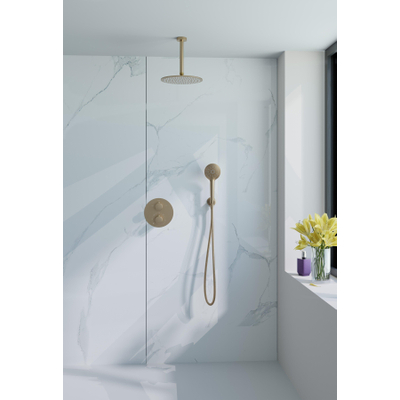 Fortifura Calvi Inbouw Regendoucheset - rond - thermostatisch - plafondarm - 25cm hoofddouche - ronde handdouche - gladde slang - Geborsteld Messing PVD (Goud)