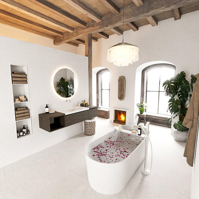 MONDIAZ BUKLA 160cm badmeubel met open module 40 links kleur Dark Brown met 2 lades. Wastafel CLOUD midden 0 kraangaten kleur Talc.