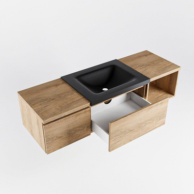 MONDIAZ BUKLA 140cm badmeubel met open module 40 rechts kleur Washed Oak met 2 lades. Wastafel CLOUD midden 0 kraangaten kleur Urban.