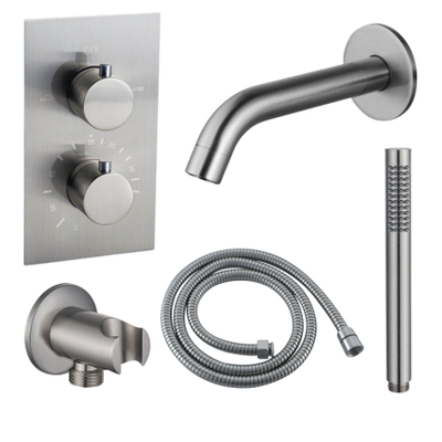 Fortifura Calvi Badkraan set - uitloop - 22cm inkortbaar - metalen slang - staafhanddouche - inbouwdeel - wandhouder - geborsteld RVS PVD