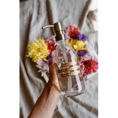 Wellmark Handzeep helder glas messing pomp 500ml tekst MAY ALL YOUR TROUBLES BE BUBBLES Brons label