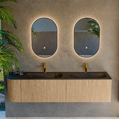 MONDIAZ KURVE 175cm badmeubel met module 25 L kleur Oak met 2 lades en 1 deur. Wastafel BIG SMALL dubbel / rechts 2 kraangaten Urban.