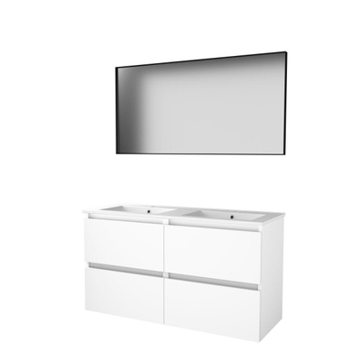 Basic-Line Framed 46 badkamermeubelset - 120x46cm - greeploos - 4 lades - porseleinen wastafel - 2 kraangaten - Spiegel - mat zwart aluminium frame - rondom - MDF lak Ice White