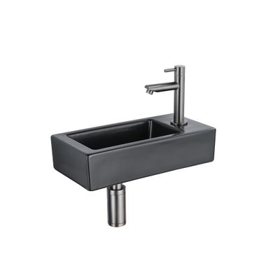 QeramiQ Fuente Fonteinset - 37.5x18.5x9cm - keramiek - kraangat rechts - fonteinkraan gunmetal - afvoerplug - verlaagd sifon - Mat Zwart