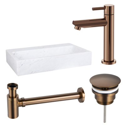 Fortifura Fuente fonteinset - 38x24cm - 1 kraangat - marmer - fonteinkraan koper - wit