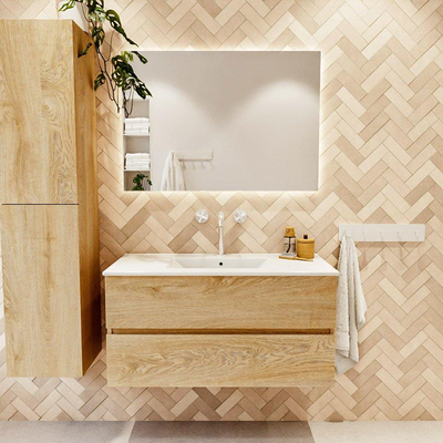 MONDIAZ VICA 100cm badmeubel onderkast Washed Oak 2 lades. Wastafel DENIA midden 1 kraangat, kleur Glanzend Wit.